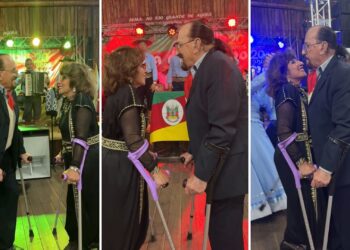 'Muito amor um pelo outro': casal  emociona ao dançar de muletas em centro tradicionalista no RS