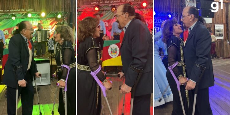 'Muito amor um pelo outro': casal  emociona ao dançar de muletas em centro tradicionalista no RS