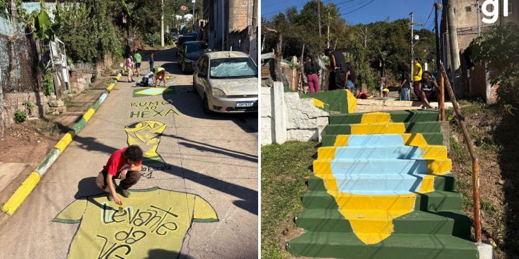 Taça e bandeira do Brasil em escadaria: comunidade de Porto Alegre pinta ruas para a Copa do Mundo